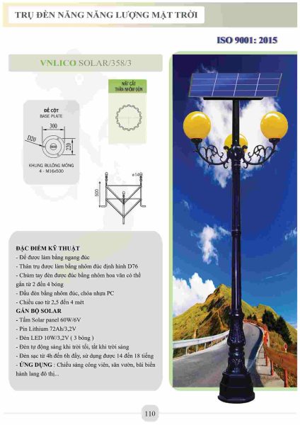 Trụ đèn công viên năng lượng mặt trời 3 bóng 1