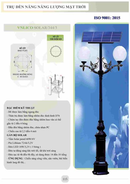 Trụ đèn sân vườn năng lượng mặt trời 3 bóng 5